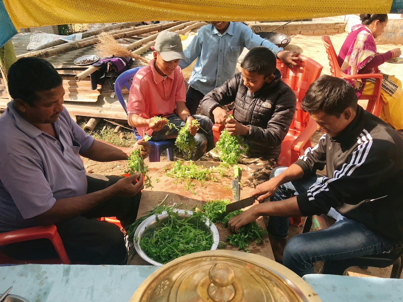 A group of men sitting outdoors preparing fresh greens for a shared meal.
